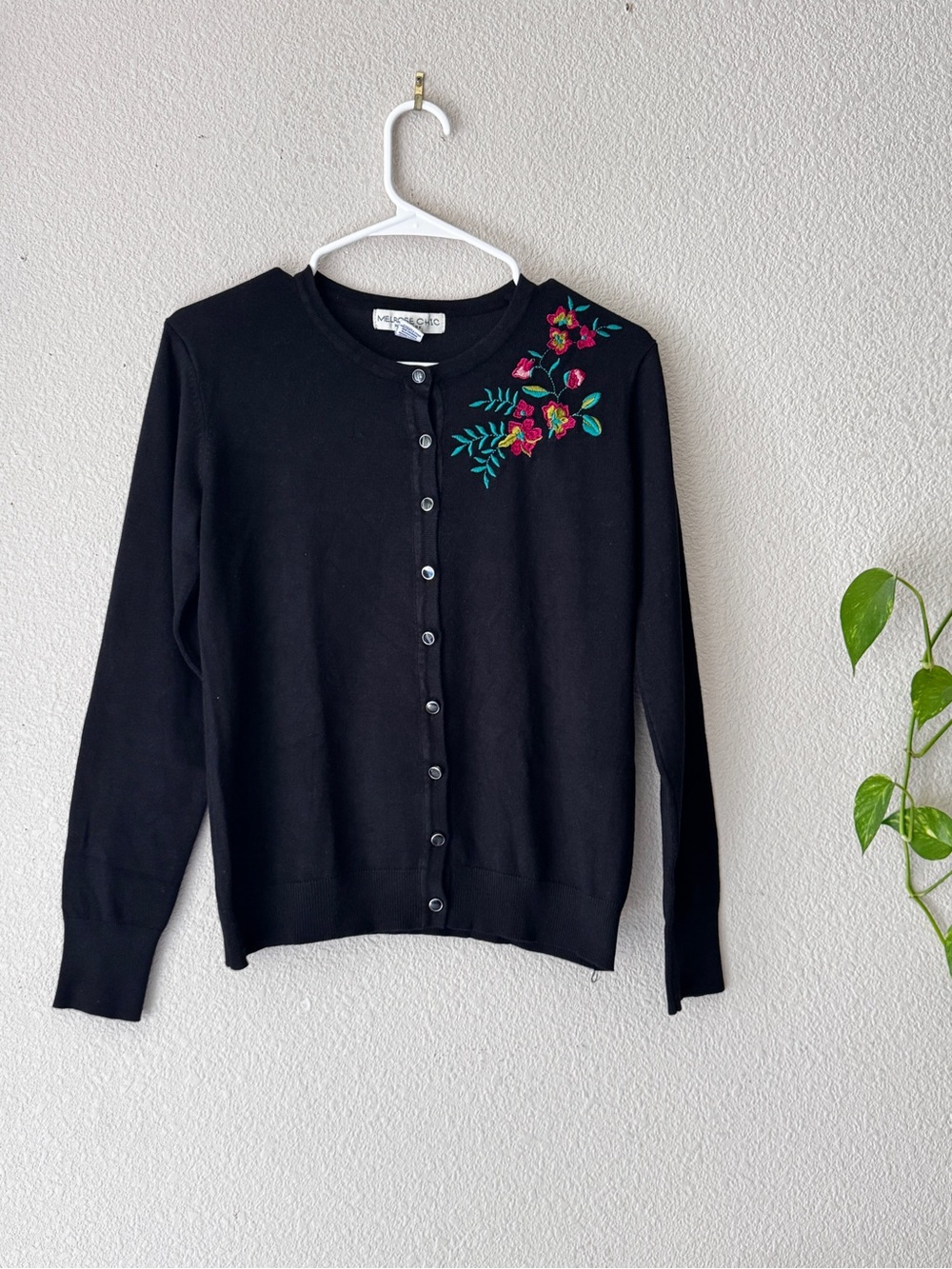 Merona Black Cardigan with Pink & Green Floral Embroidery